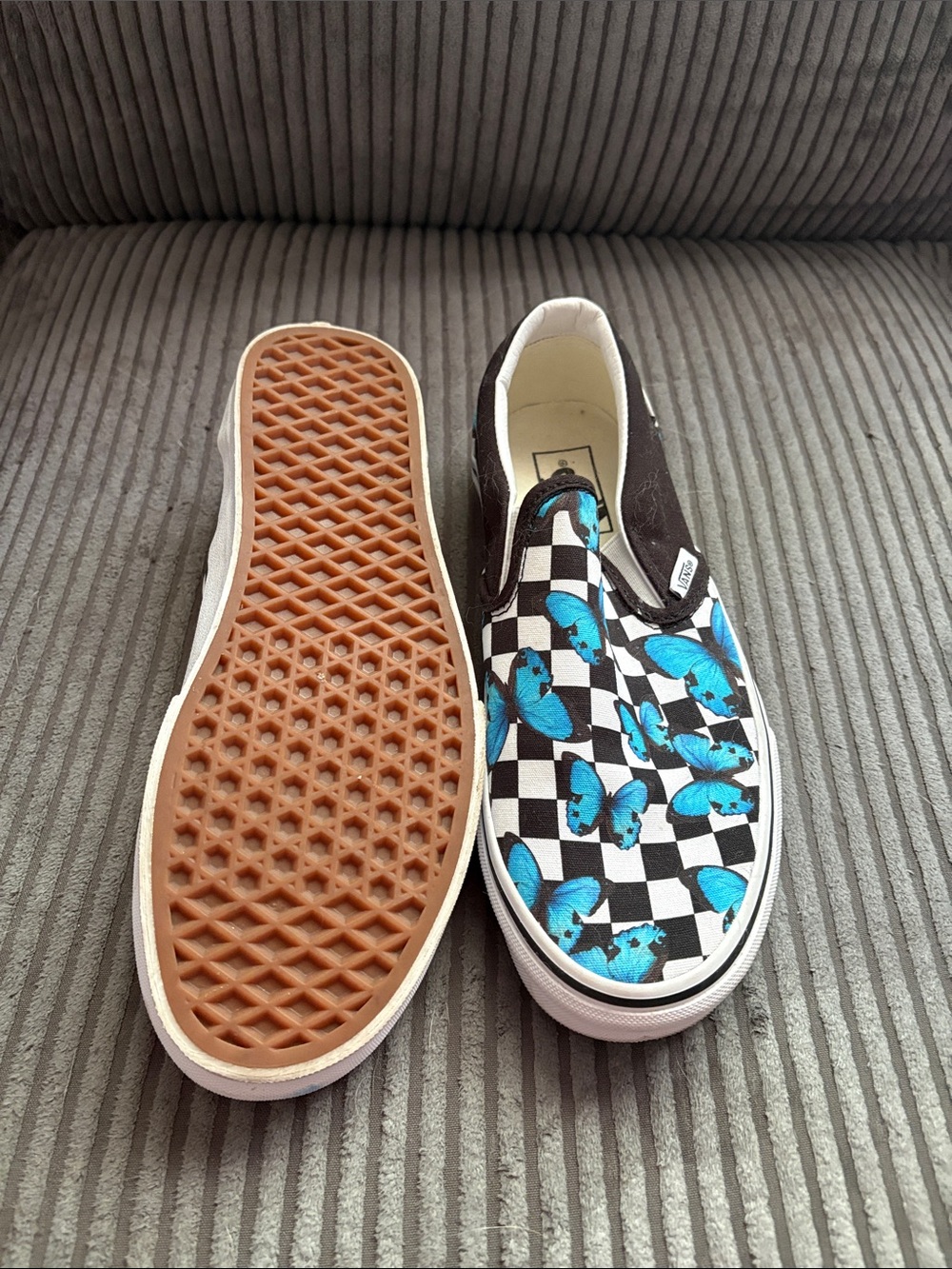 Vans Black and & Blue Checkerboard Slip-On with Butterfly Print - Picture 2 of 4